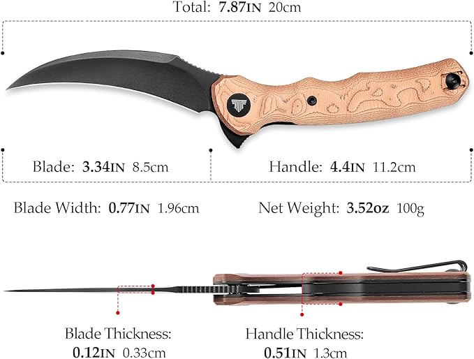 TRIVISA EDC Pocket Pikal Knife for Men Hawkbill Folding Flipper Knife with Clip3.34 14C28N Steel BladeCopper Foil HandleOutdoor Camping Lacerta-CU
