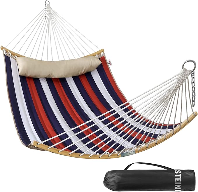 Double Hammock 11 FT Quilted Fabric 2 Person Hammock for Outside with Pillow Folding Curved Spreader Bar Chains Carrying Bag Indoor Outdoor 450 IB Capacity Trinidad Red