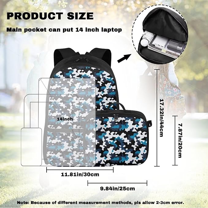 Blue Camouflage Backpack for Men 17 Inch Bookbag with Lunch Box Large Capacity School Bag with Adjustable Shoulder Strap for Outdoor Travel Satchel Bag