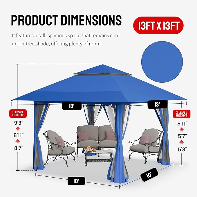 CROWN SHADES 13x13 Pop Up Gazebo Canopy Tent Gazebos on Clearance - Outdoor Gazebo for Backyard &amp Patio Furniture - Carpa Pop Up Tent with Wheeled STO-N-Go Cover Bag (Blue)