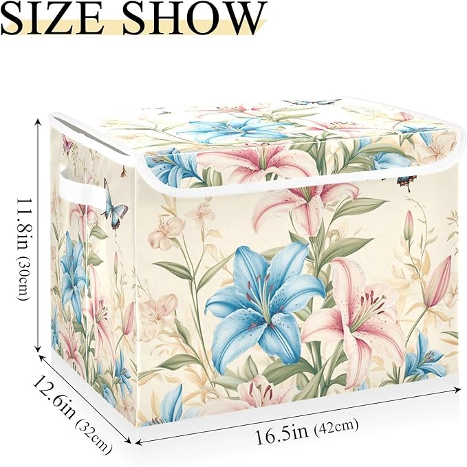 Collapsible Storage Bins with Lids Decorative Fabric Storage Cubes Closet Organizer and Storage Basket Boxes Containers for Clothes Box Chest Nursery Folding Rectangle Pretty Lily Flowers and