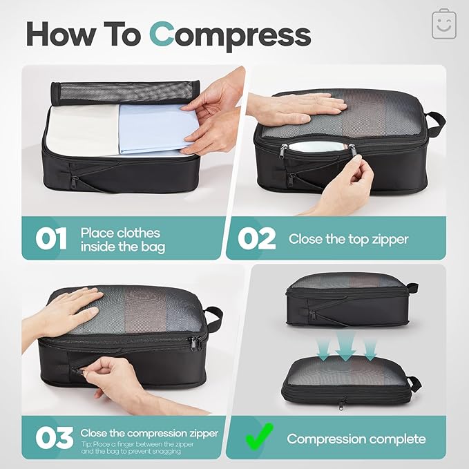 Veken 9/11 Set Compression Packing Cubes for Travel EssentialsCompressible Expandable Large Luggage Suitcase Organizer Bags for ClothingDurable Space Saver Storage Bags with Toiletry Bags(Black)