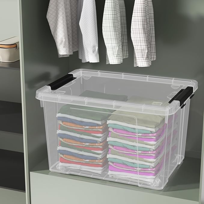 Sandmovie 4 Packs 50 Quart Large Plastic Clear Storage Box with Wheels Clear Totes for Storage with Lids