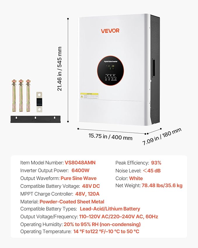 VEVOR 6400W 48V Hybrid Solar Inverter 120V/240V Split Phase Built-in 120A MPPT Solar Charge Controller Low Frequency Pure Sine Wave Power Inverter for Lead Acid Lithium Battery Off-Grid NO WiFi