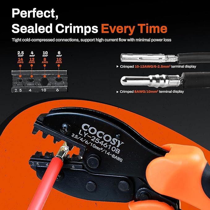 Solar Crimping AWG 8-14 Compatible with Solar Connectors Solar Crimper Ideal for AWG8 AWG10/12/14 (2.5-10mm²) Wires - Precise Solar Ratcheting Crimper for PV Systems