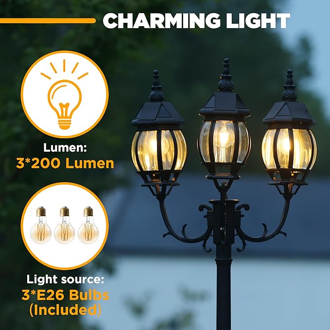 LUTEC Outdoor Solar Post Light with Triple-Head Dusk to Dawn Lamp Post for Lawn Pathway Garden Black Aluminium Vintage Street Light with Clear Glass Panels (Bulbs Included)