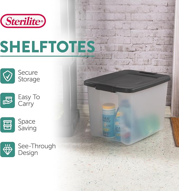 Sterilite 12-Pack 50 Quart ShelfTote Clear Plastic Storage Organizer Bins with Gray Lids – Stackable Home and Office Containers for Closet or Shelves