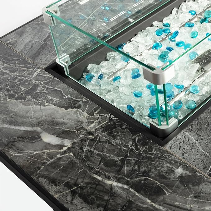 44in Outdoor Propane Gas Fire Pit Table 50000 BTU Auto-Ignition Gas Firepit with Glass Wind Guard Marble Tile Tabletop Mixed Color Glass Rocks Brown PE Rattan