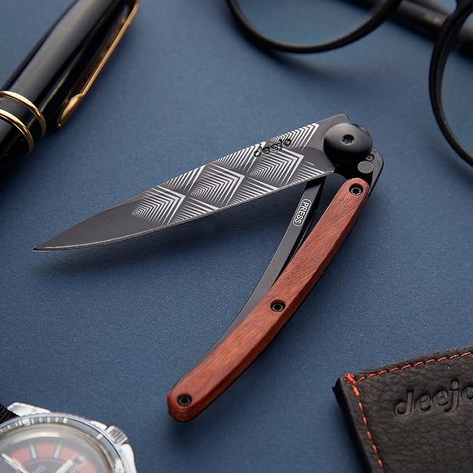 deejo - 27G Folding Pocket Knife with Belt Clip - Art Déco Design 2.95-Inch Stainless Steel Blade Black Titanium Finish Coral Wood Handle - Lightweight EDC for Home Work and Outdoor Use