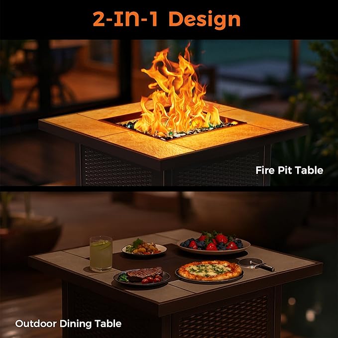 BALI OUTDOORS Propane Gas Fire Pit Table 32 inch 50000 BTU Square Gas Firepits for Outside Brown