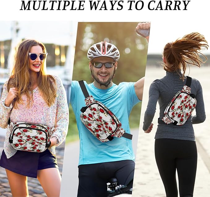 Rose Skulls Waterproof Fanny Pack for Women Men Adjustable Waist Bag with Double Zipper Pockets Lightweight Square Hip Pack for Running Travel Hiking Workout Cycling
