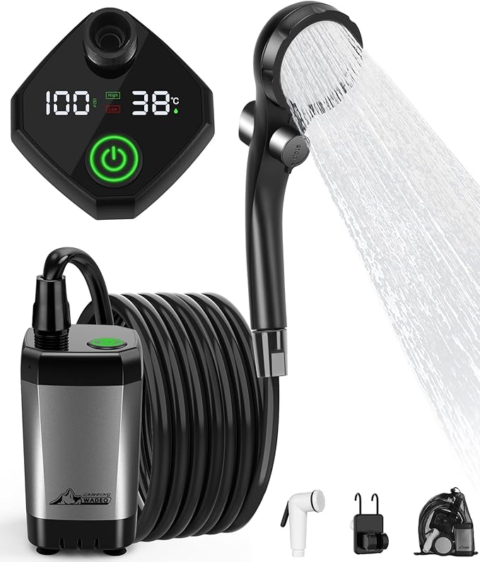 WADEO Portable Shower for Camping 6000mAh Outdoor Electric Shower Rechargeable Pump with Intelligent Digital Display Camping Shower Head Nozzle for Camping Hiking Traveling Washing