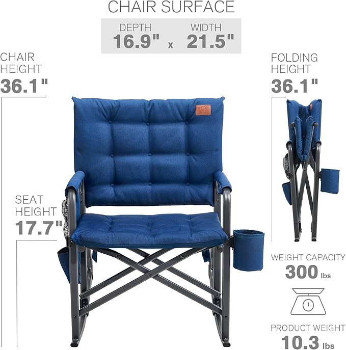EVER ADVANCED Lightweight Folding Rocking Camping Chair Padded Portable Rocker Chair for Patio Lawn and Outdoors Heavy Duty Hard Armchair for Adults Blue