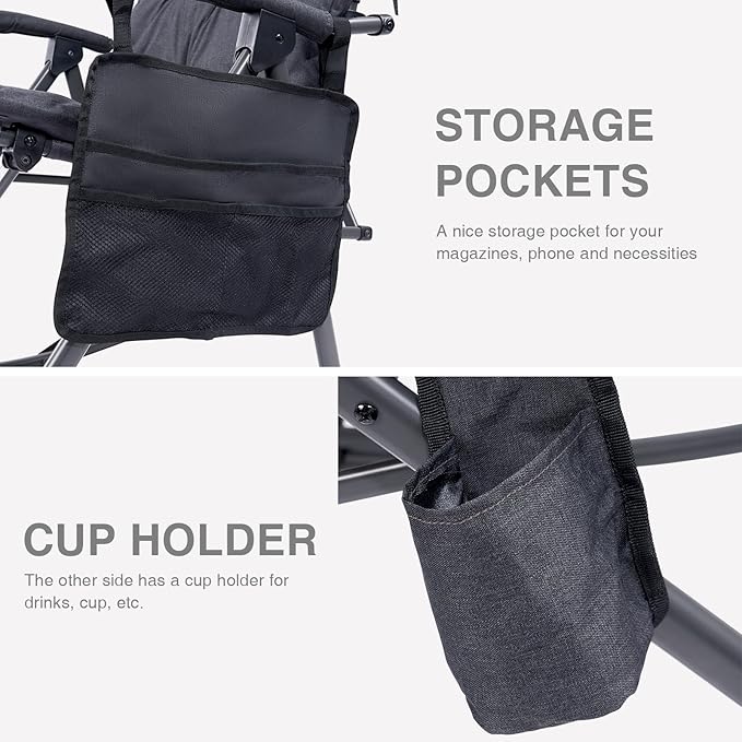 EVER ADVANCED Oversized Folding Rocking Camping Chair Padded Portable Rocker Chairs for Patio Lawn and Outdoors Heavy Duty Hard Armchair for Adults Supports 400lbs Black
