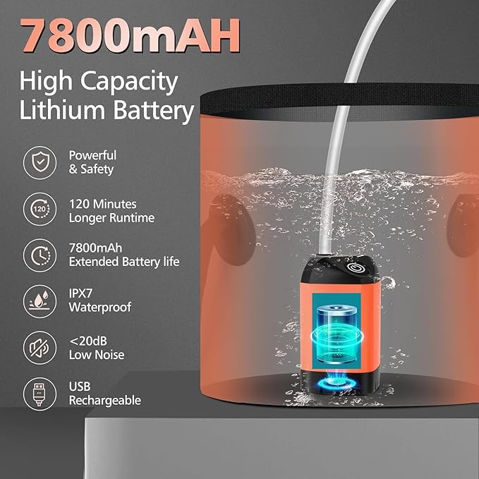 Portable Camping Shower 7800mAh Rechargeable Camp Shower Pump with LED Display 2 Mode Electric Portable Shower for Camping Hiking Travelling Washing