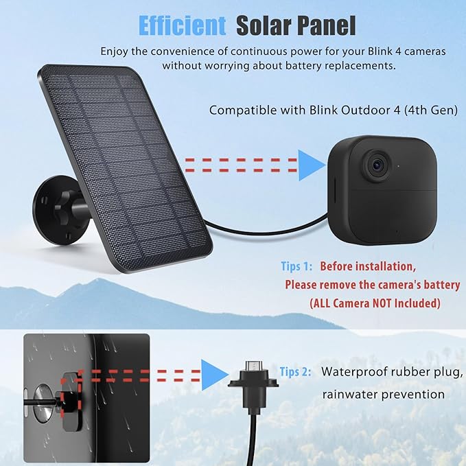 Solar Panel Compatible with Blink Camera Outdoor 4 (4th Gen) 4W Waterproof Solar Panel Charger with Battery for Blink Camera 4th Gen with 13.12ft Charging Cable and 360°Adjustable Mount