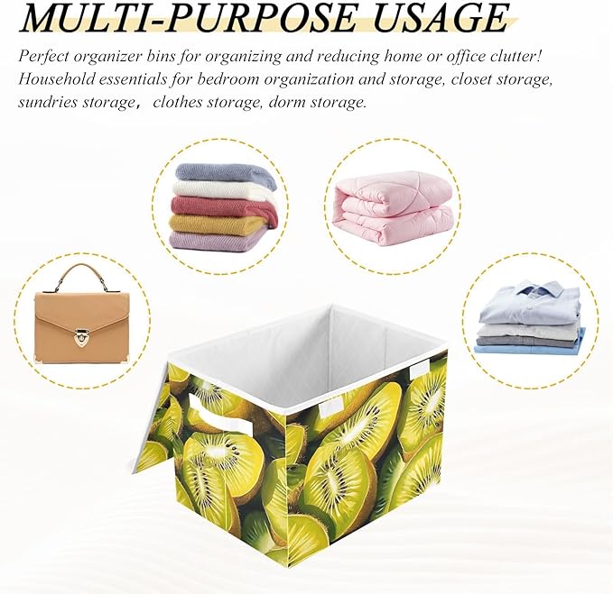 Vintage Kiwi Fruits Storage Cube Bins Basket with Lid Collapsible Flip-top Fabric with Handle for Home Bedroom Closet Office 16.5×12.6×11.8 in