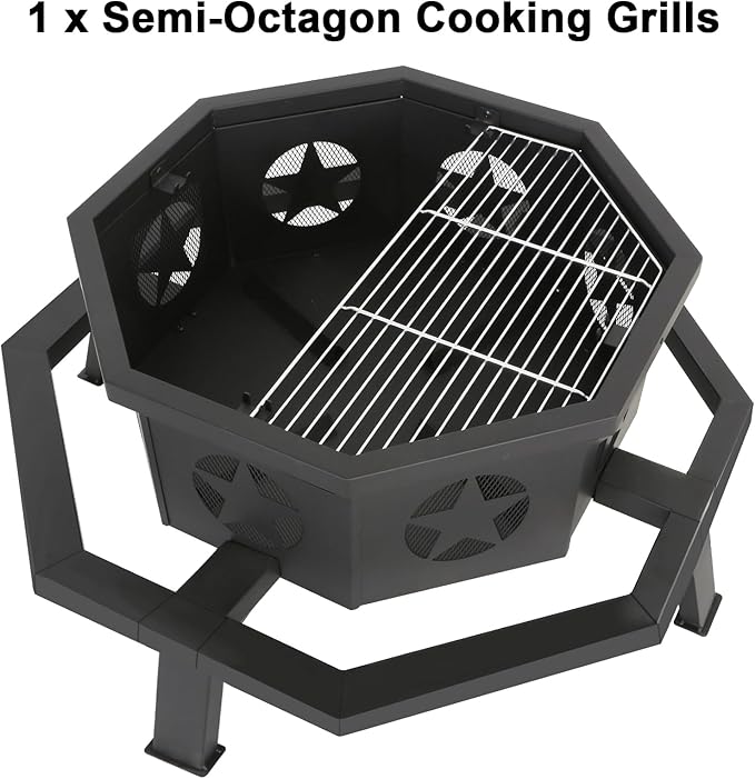 Hykolity 31 Inch Fire Pit Octagonal Outdoor Fire Pit 2 in 1 Wood Burning Fire Pits with Cooking Grill Smokeless FirePit for Outside Bonfire Patio Backyard Camping