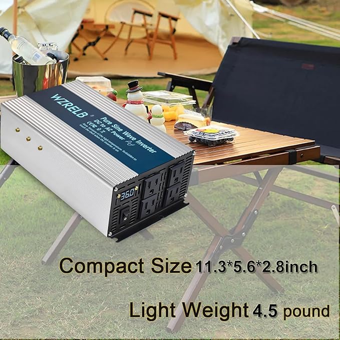 WZRELB 2000W Pure Sine Wave Inverter 12V DC to 110V 120V AC Car Power Inverter with 4 AC Outlets LED DisplayOff-Grid Portable Power Converter for Home RV Truck Camping