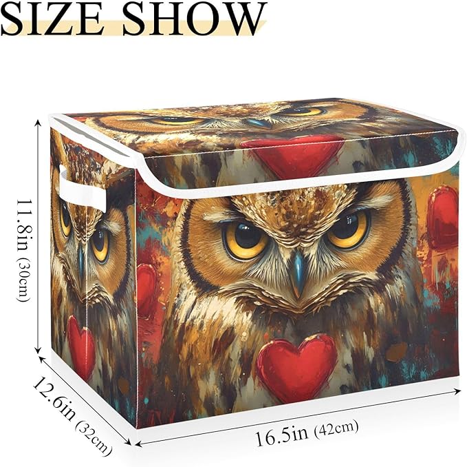 AIXIWAWA Lidded Storage Cube (Owl with Heart) Fabric Foldable Closet Bins with Flip Lid and Handles Organizer Basket Container 16.5 x 12.6 x 11.8 IN