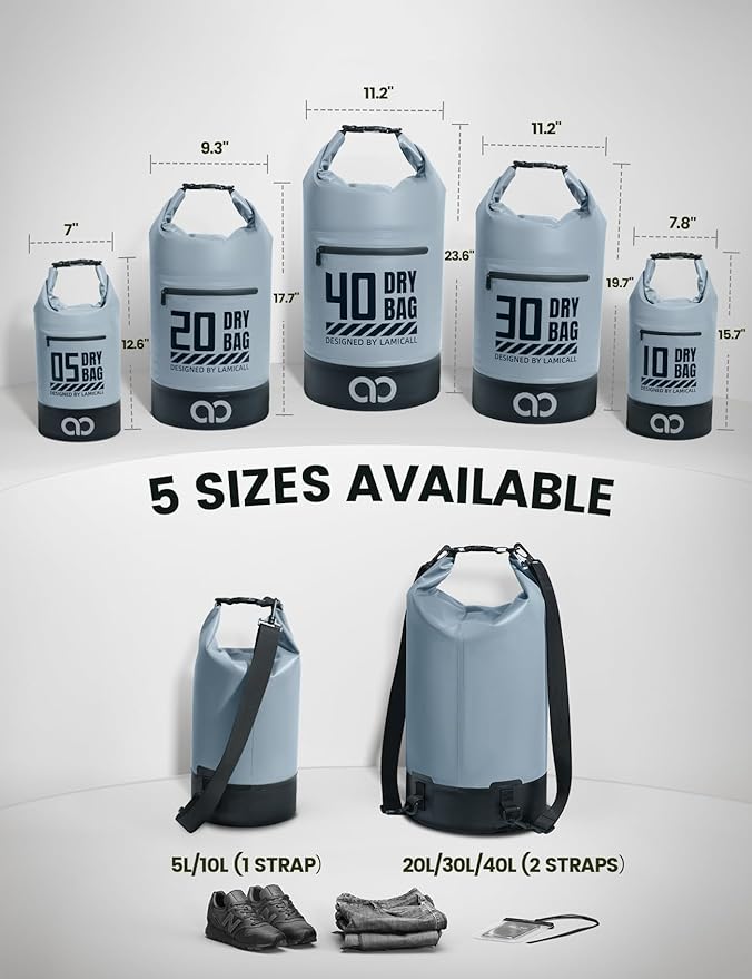 Lamicall 5L &amp 30L Dry Bag Waterproof Backpack - [Zippered Pocket] Roll Top Waterproof Bag Blueish Gray &amp Black
