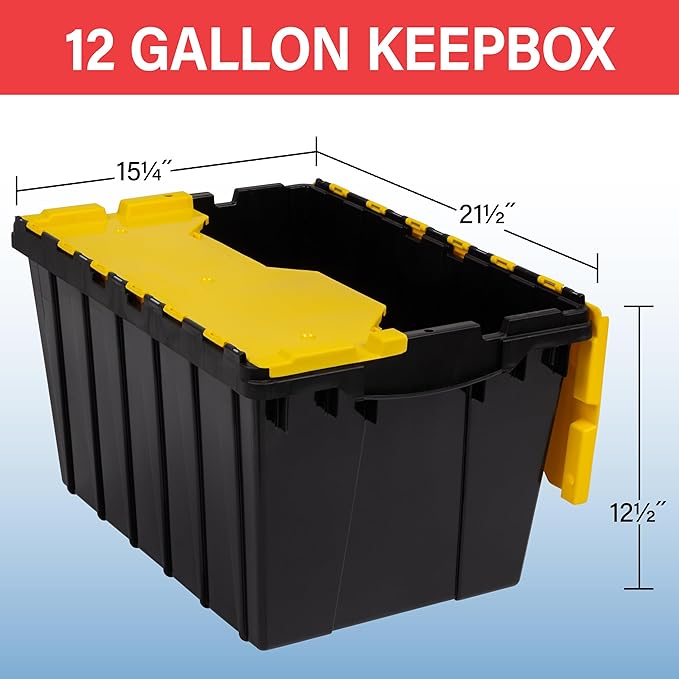 Akro-Mils KeepBox 12 Gallon Storage Container Nesting and Stackable Plastic Storage Box with Lid Attached Organizer Tote for Garages Closets Moving 21-1/2 x 15 x 12-1/2 Black/Yellow 6-Pack