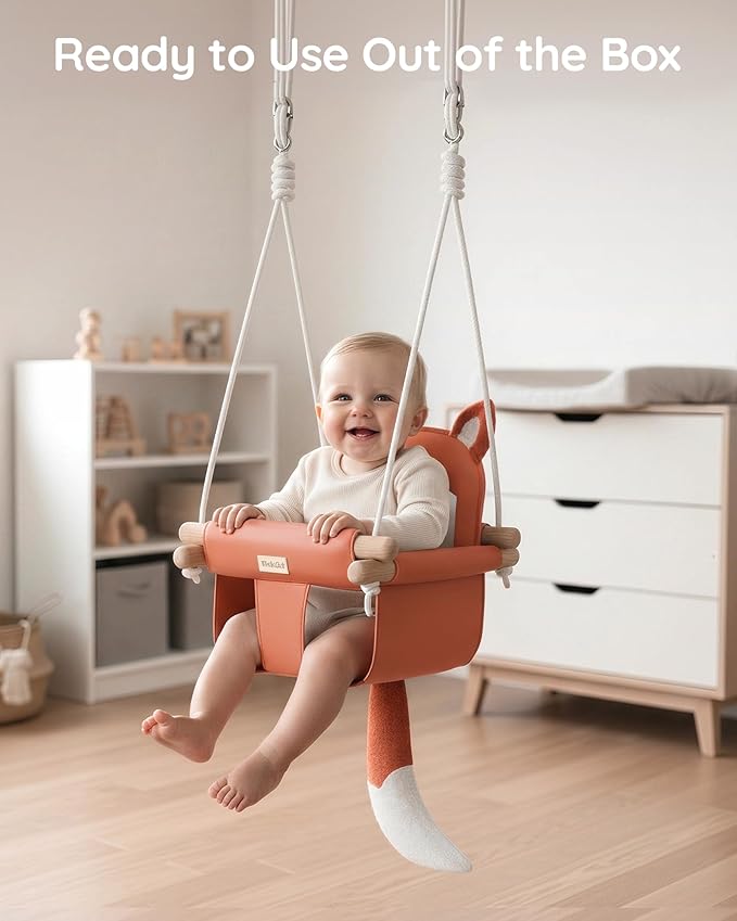 Wooden Baby Swing with Soft Safety Belt Cozy Infant Swing Seat for Indoor &amp Outdoor Use Adjustable Height Includes Mounting Hardware – Suitable for Babies &amp Toddlers（Fox-Themed in Red）