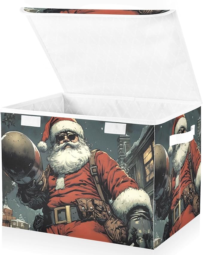 Storage Cube with Lid Cool Santa Christmas Print 16.5×12.6×11.8 IN Collapsible Large Capacity Foldable Storage Basket Bin Organizer