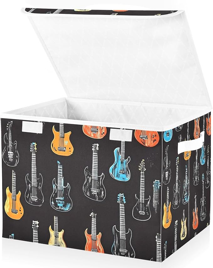 Storage Cube with Lid Cartoon Guitars Print 16.5×12.6×11.8 IN 1 Pack Collapsible Large Capacity Foldable Storage Basket Bin Organizer
