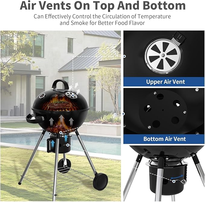 18.5-Inch Portable Charcoal Grill Heavy Duty Kettle BBQ Smoker with Built-in Thermometer &amp Removable Water-Rinsable Ash Catcher for Outdoor Camping Patio Backyard and Tailgating