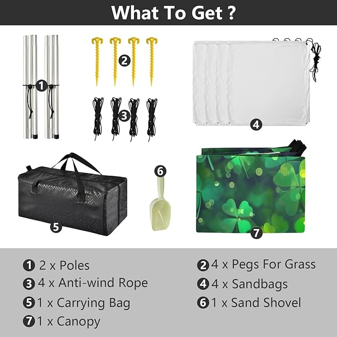 St Patrick's Day Clovers Beach Tent Sun Shelter Set UPF50+ UV Protection 10.5 x 9.19 FT Camping Shade Canopy with Sandbags Sand Anchors Carrying Bag and Others