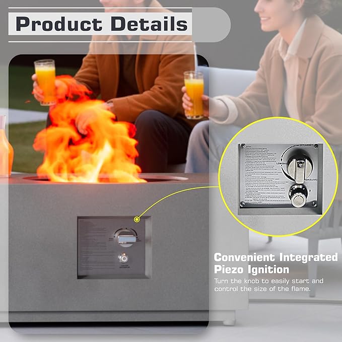 2-Piece 48 Rectangular Propane Fire Pit for Outside Patio with Hidden Tank Table &amp Ice Bucket 50000 BTU Fireplaces with Lid Glass Rocks Cover(Grey w/Ice Bucket)