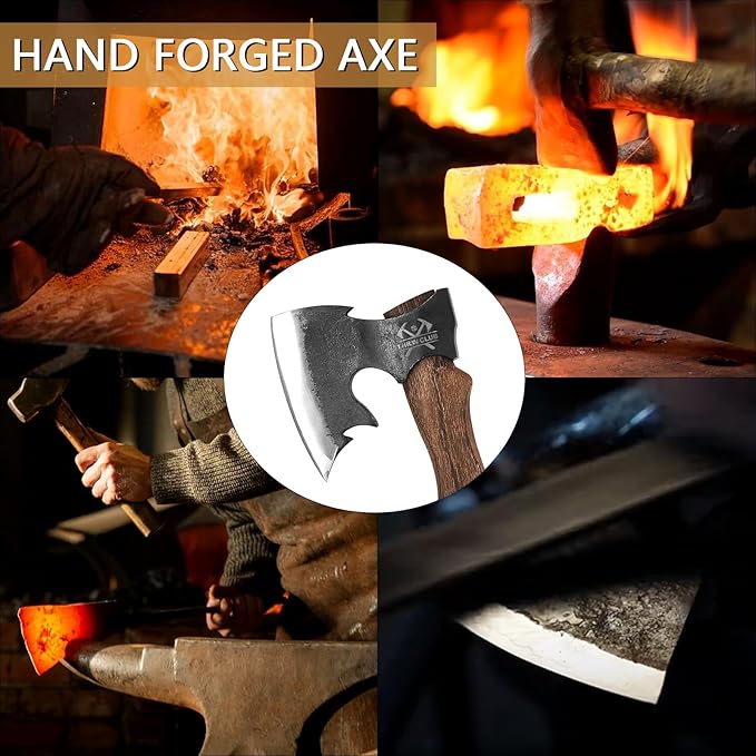 15.5 Hand Forged Hatchet Camping Hatchet with 1065 Carbon Steel &amp Wooden Handle Bushcraft Axe with Leather Sheath and Axe Sharpener Survival Ax for Outdoor Adventures and Gardening