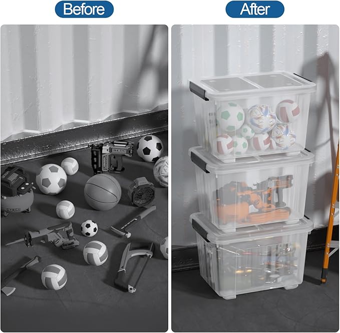30 Quart Clear Storage Bins with Wheels and Latching Lid Stackable Plastic Totes with Snap Latches Nesting Containers 4 Packs