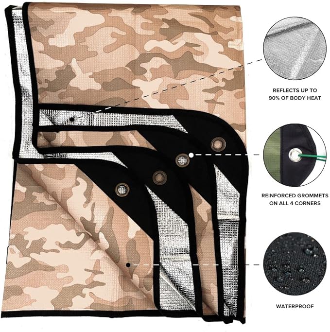 Arcturus All-Weather Outdoor Survival Blanket Thermal Emergency Blanket Reflective Heat Tarp with Grommets Lightweight for Camping Backpacking Hiking &amp Emergency Car Kits Desert Camo 60x82i