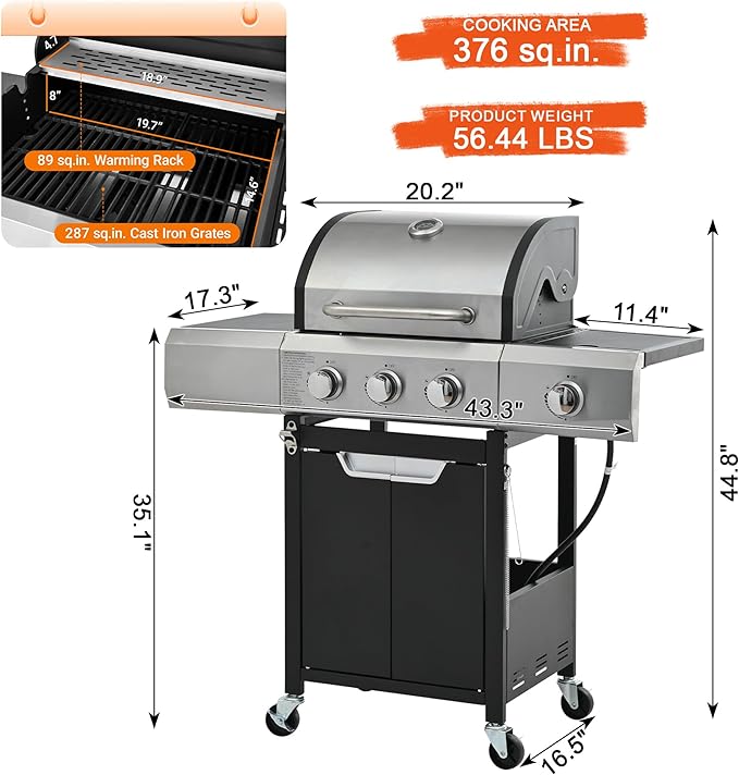 3-Burner BBQ Propane Gas Grill with Side Burner 40500 BTU Stainless Steel Patio Barbecue Grill with Storage Rack Tool Hooks &amp Bottle Opener for Camping Outdoor Cooking (Style2)