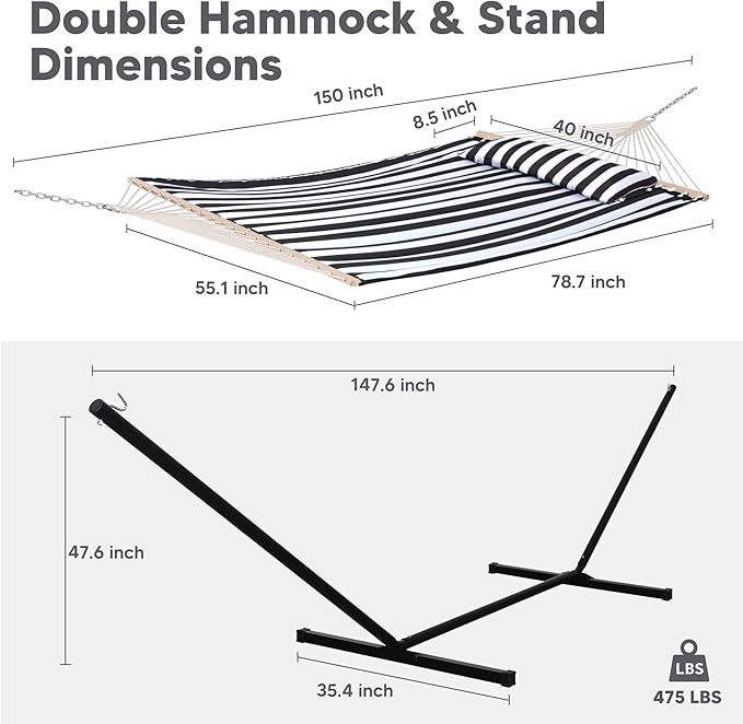 SUNCREAT Two Person Hammock with 12ft Stand Included Max 475lbs Capacity Heavy Duty Free Standing Hammock Black Stripes