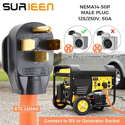 NEMA 14-50P to L14-30R Generator Welder Adapter Plug Cord 1.5FT 50 Amp to 30 Amp 4 Prong Locking Generator Transfer Switch Adapter 125/250V STW 10AWG ETL Listed
