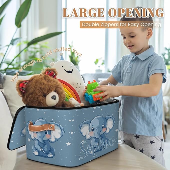 Custom Storage Basket with Name Personalized Storage Bins with Zipper Lid Foldable Fabric Storage Box Large capacity with Handle Elephant Star Blue