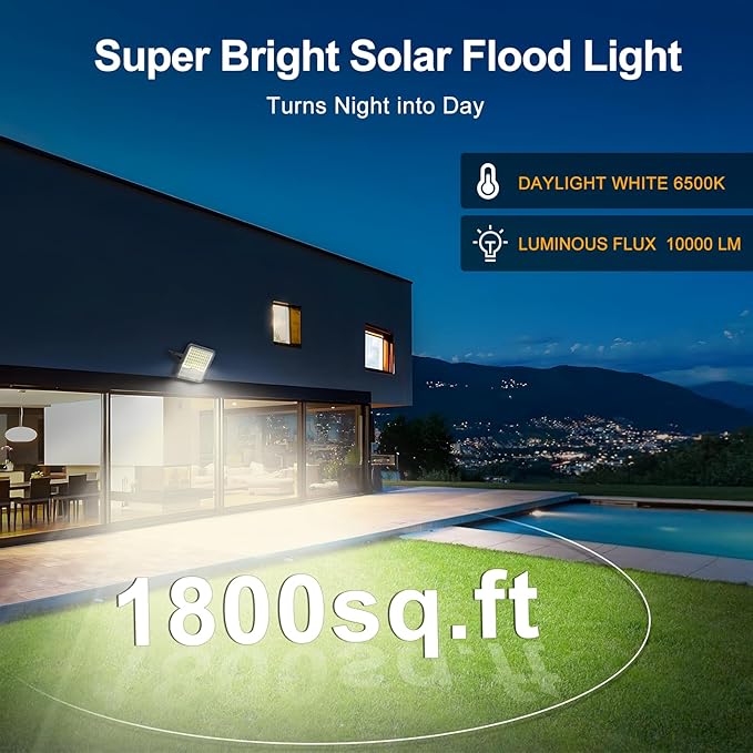 100W Solar Lights Outdoor 10000LM LED Automatic Light with 10000mAh Battery180°Wide Angle Waterproof Outside Solar Powered Security Flood Light and 8.2ft Cable with Radar Remote Control for Pathway