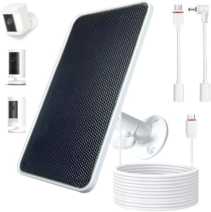 Solar Panel for Ring Camera - Charger for Ring Outdoor Cam (Stick Up Cam) Plus &amp Pro/Spotlight Cam Plus &amp Pro (Battery Models) -13FT Cable USB-C/Barrel/Micro Connectors 6.5W Weatherproof -
