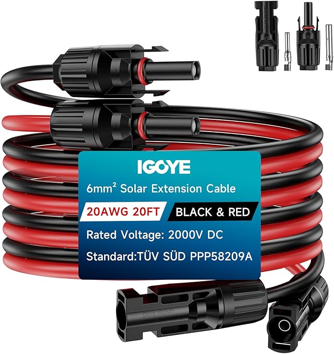 10AWG Solar Extension Cable 2*20 FT Solar Panel Cable with Female and Male Waterproof ConnectorsPV Panel Extension Wire 6mm²for PV Panels Controllers Off-Grid Systems(20FT Red + 20FT Black)