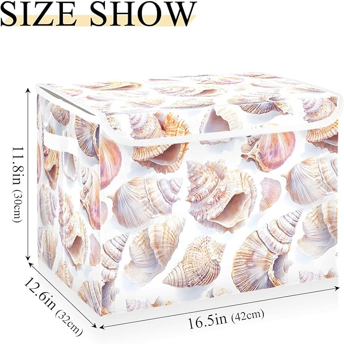 AIXIWAWA Lidded Storage Cube (Pattern Sea Shells) Fabric Foldable Closet Bins with Flip Lid and Handles Organizer Basket Container 16.5 x 12.6 x 11.8 IN