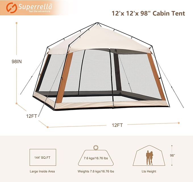 12 x 12 FT Camping Screen Tent for 8-10 Person Easy Setup Screen House with UV 50+ Sun Protection &amp Mosquito Net for Camping Backyard Picnic Patio Outdoor Beige &amp Brown