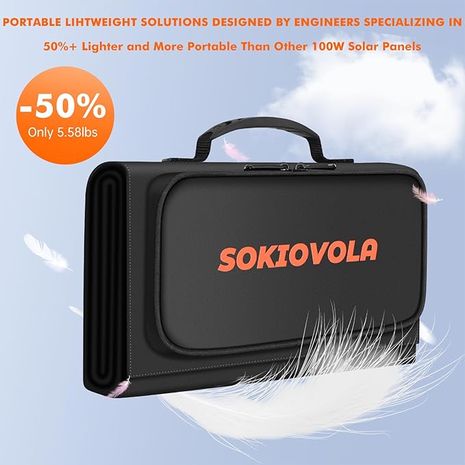 SOKIOVOLA 100W Portable Foldable Solar Panel 20V Portable Solar Charger with QC3.0 USB-A &amp Type-C Output IP68 Waterproof for Cell Phones Camera Outdoor Camping RV Hiking Travel Small Power Station
