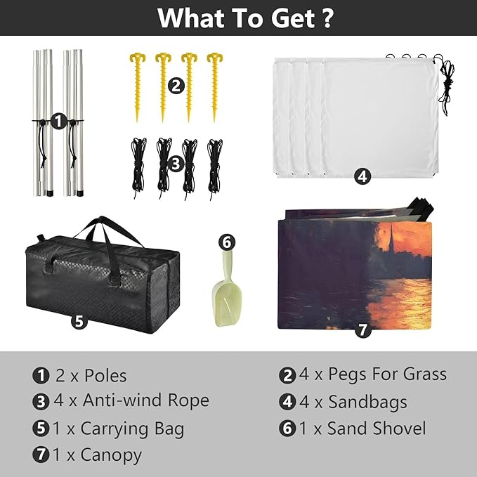 Oil Painting Sunset River Beach Tent Sun Shelter Set UPF50+ UV Protection 10.5 x 9.19 FT Camping Shade Canopy with Sandbags Sand Anchors Carrying Bag and Others