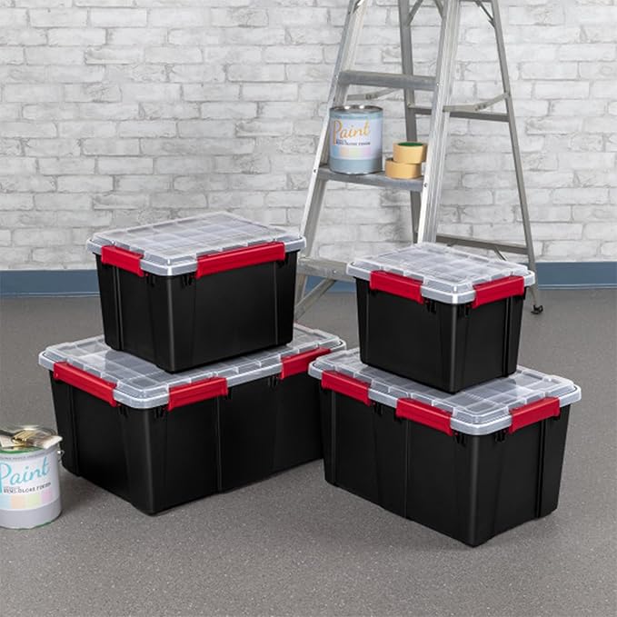 Sterilite 8 Pack Gasket Box Stackable Plastic 13.5 Gallon Storage Container with Lids Black - Waterproof and Dustproof Tote for Home Organization