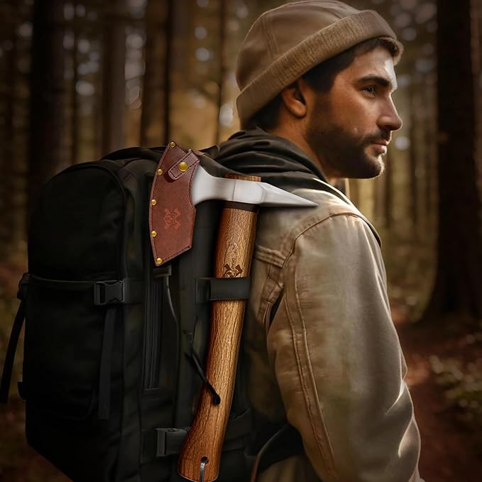Grumpy Bear 15 Survival Axe Camping Hatchet – Forged High Carbon Steel Blade with Walnut Wood Handle – Anti-Slip Grip – Ideal for Bushcraft Wood Splitting &amp Outdoor Adventures Silver Wood