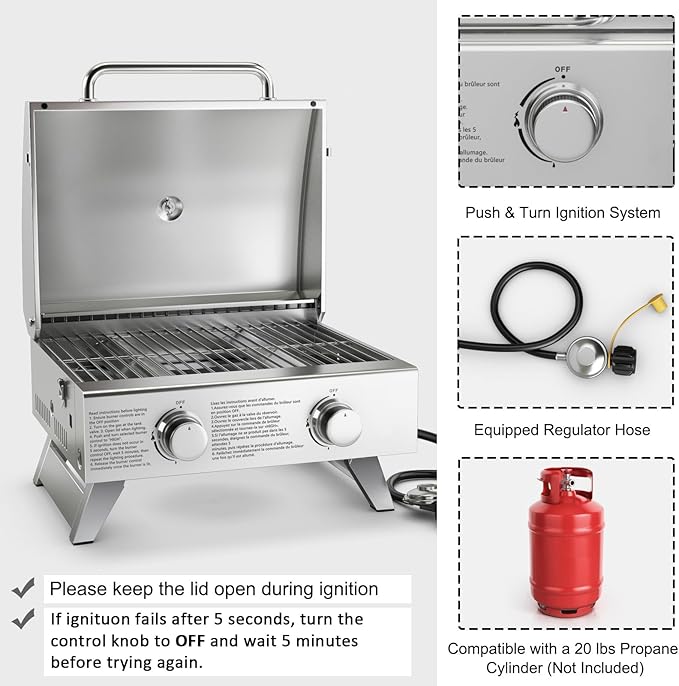 Giantex Portable Gas Grill with 2 Burner Max. 20000 BTU total Folding Legs Built-in Thermometer Travel Locks Stainless Steel Tabletop Propane Gas Grill for Camping Picnic Cookout RV BBQ