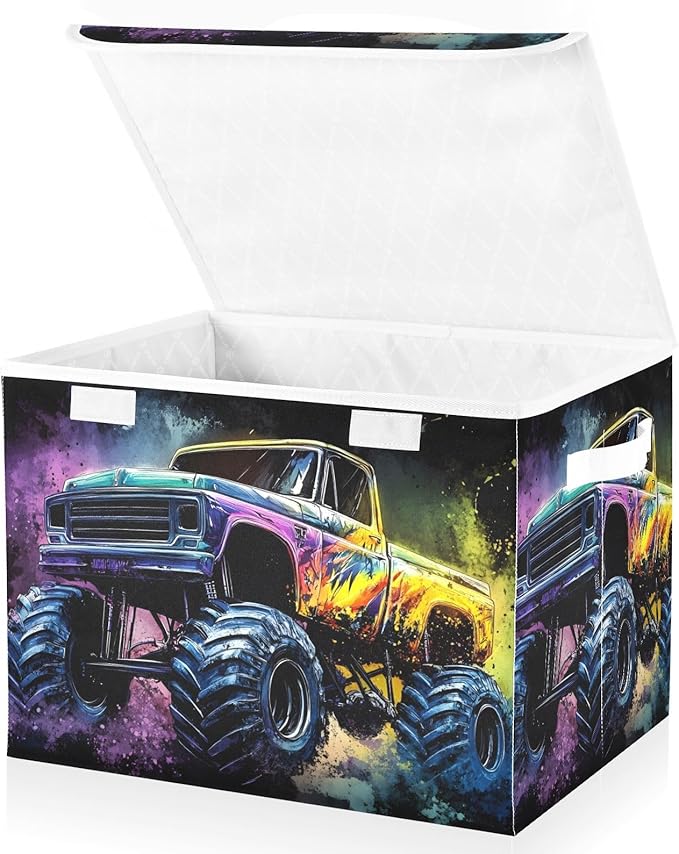Watercolor Monster Truck Storage Cube Bins Basket with Lid Collapsible Flip-top Fabric with Handle for Home Bedroom Closet Office 16.5×12.6×11.8 in